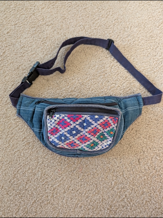 Handbags - Padded Y2K Embroidered Denim Fanny Pack with Multicolor Southwest Front Panel